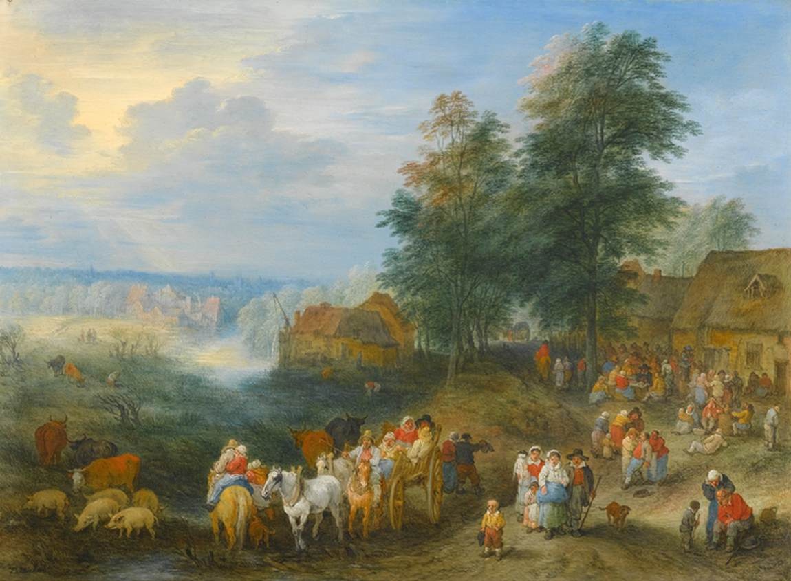 Travelers and Their Flocks Leaving a Town