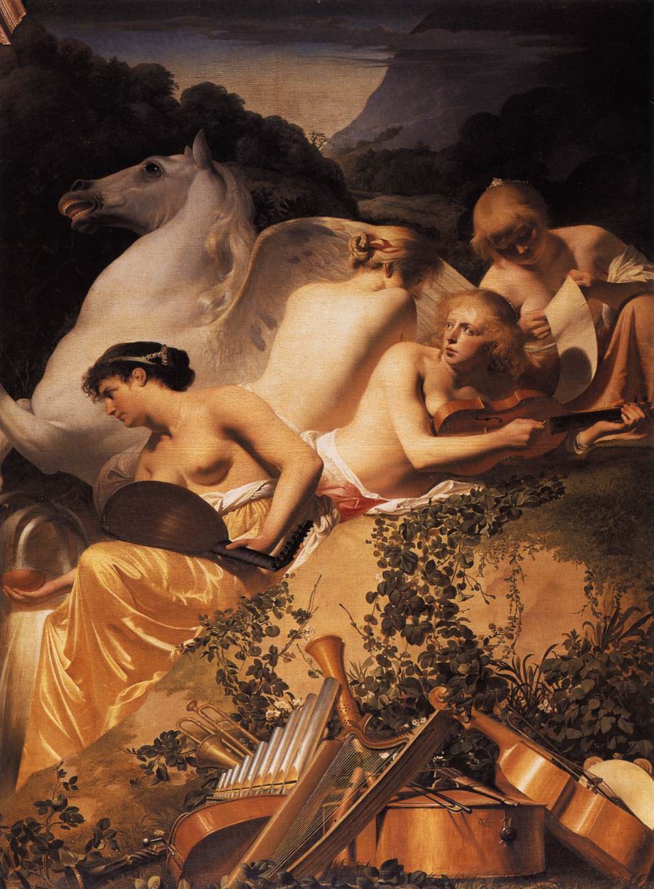 Quatre muses et pegasus à Parnasse