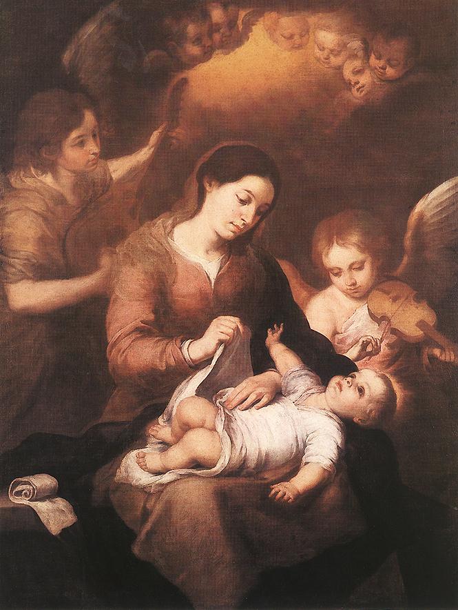 Maria e criança com anjos tocando música