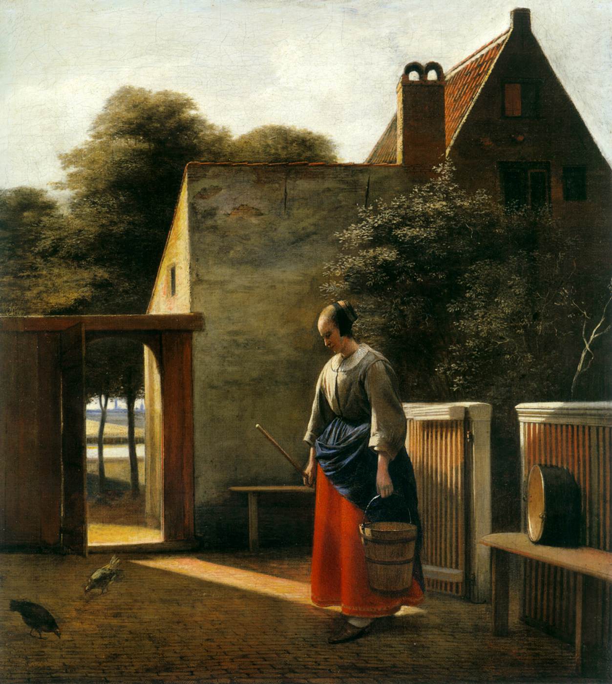 Maid with a Broom and Bucket in a Sunlit Patio