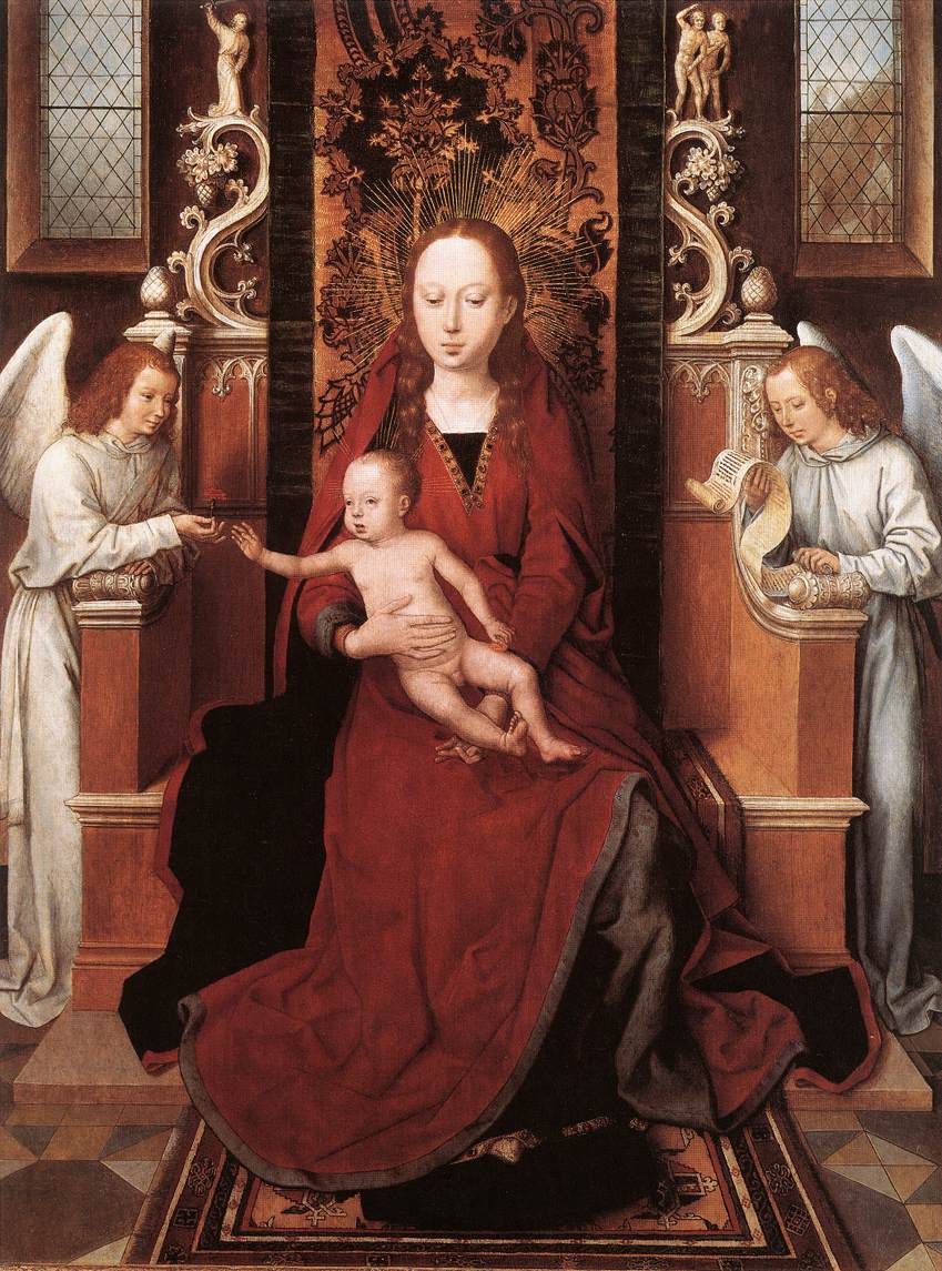 La vierge et l'enfant intronisé avec deux anges