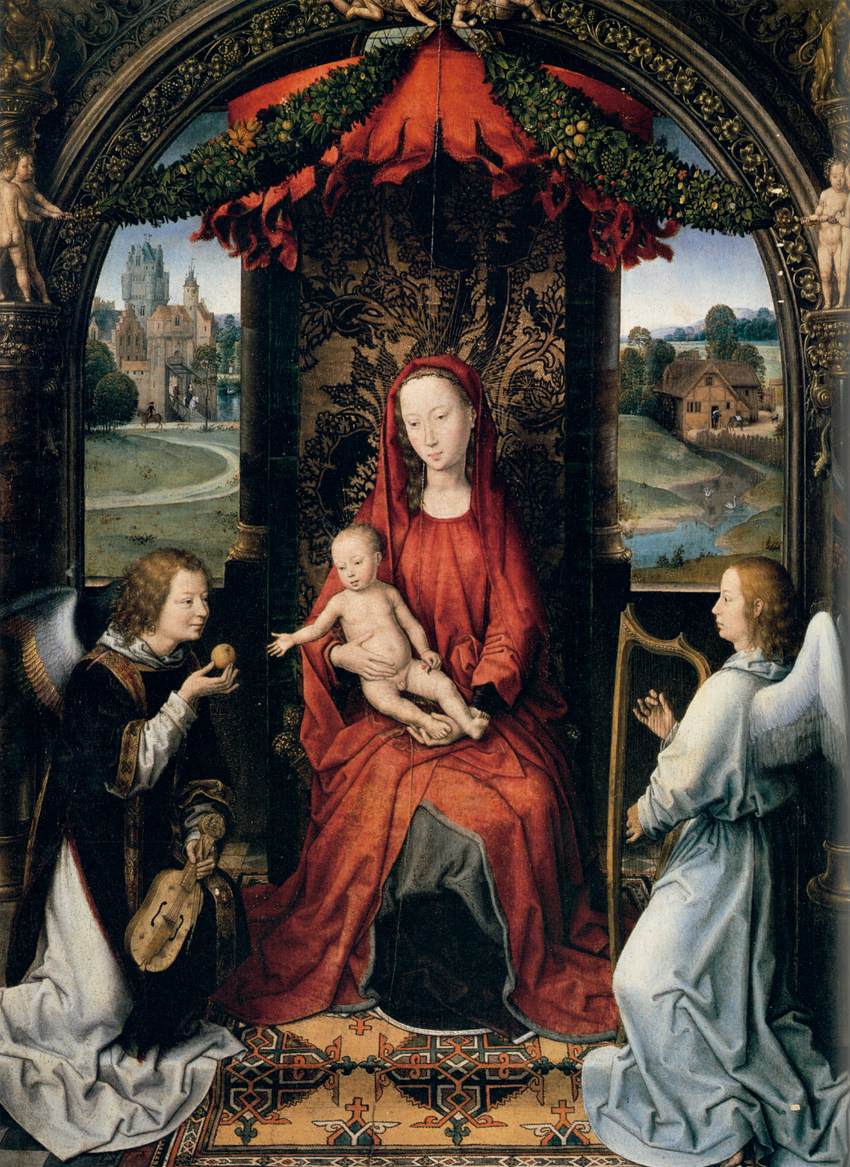 La vierge intronisée avec l'enfant et deux anges