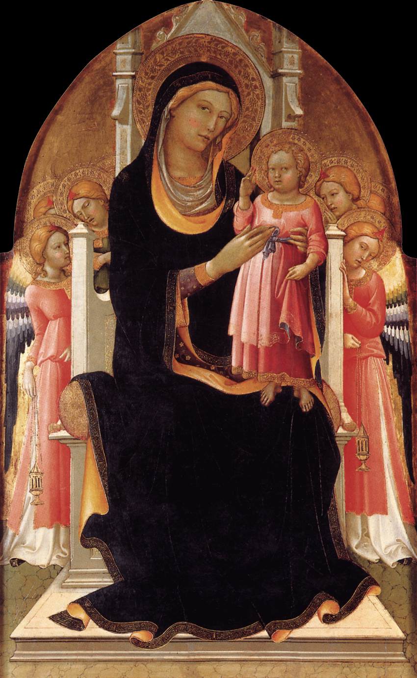 Madonna e criança entronizado com seis anjos