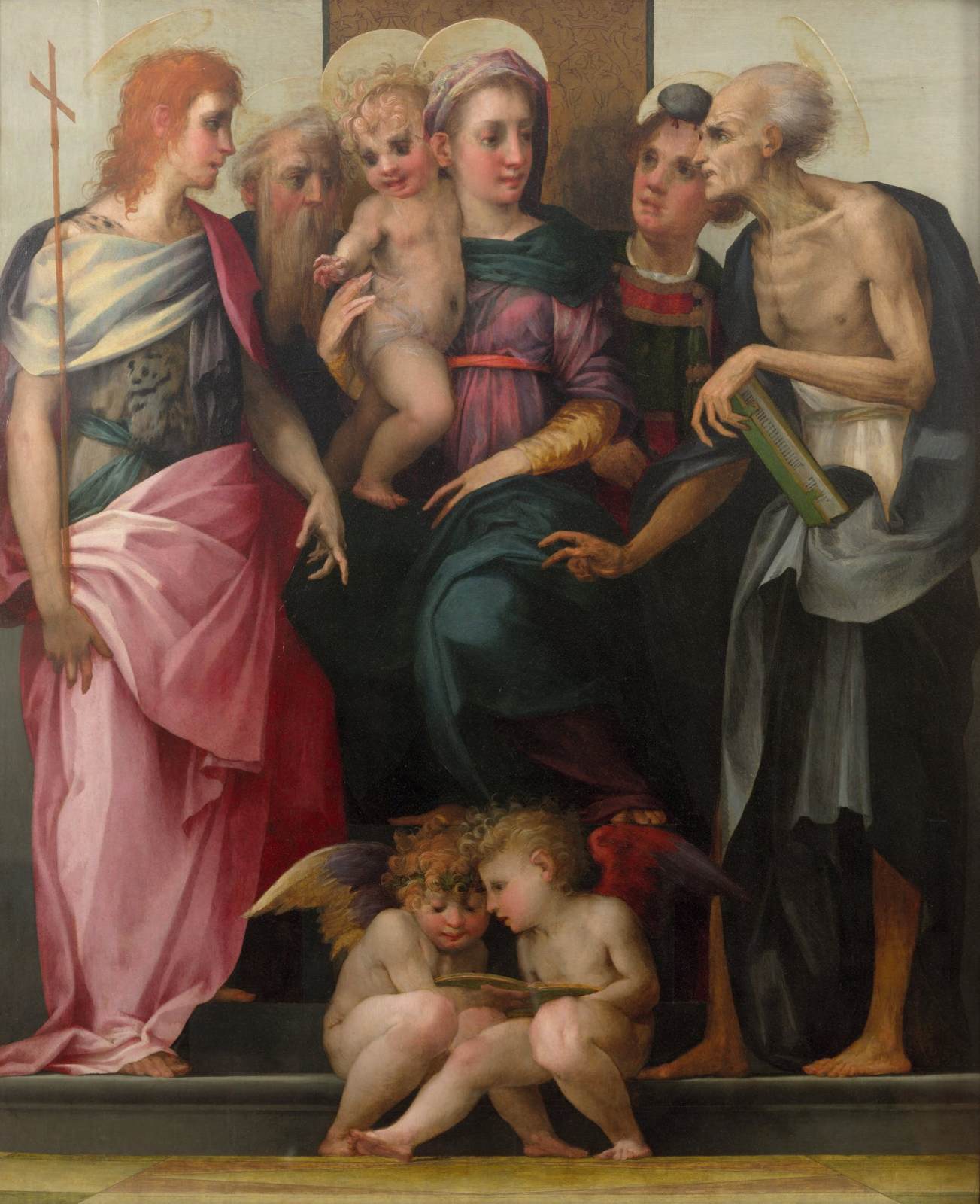 Die Jungfrau thront mit vier Heiligen