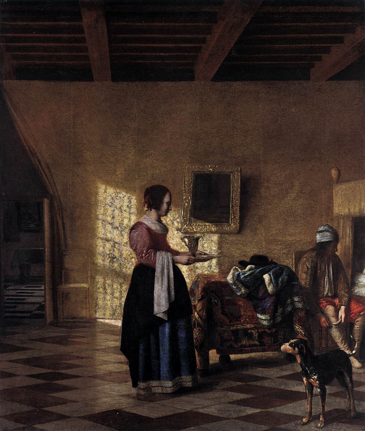 Woman with a Water Jug and a Man Next to a Bed