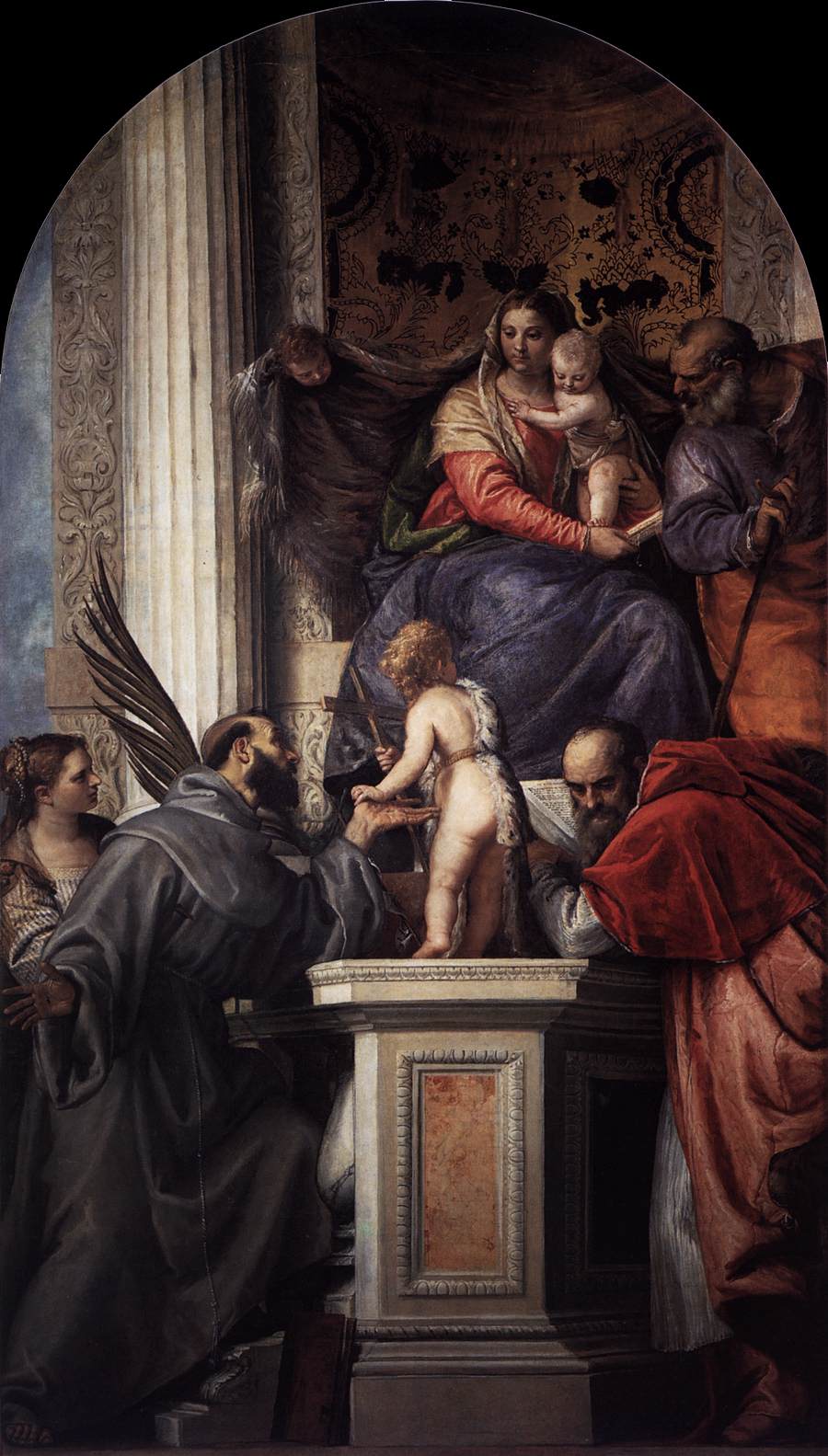 The Virgin tronede og barnet, med babyen San Juan Bautista og de hellige