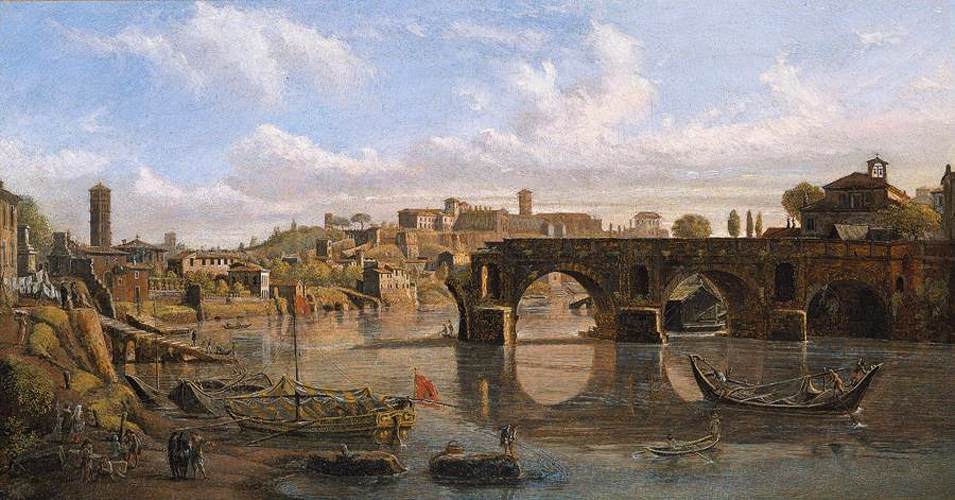 Rom: Udsigt over Tiber -floden med Rotta Puente og La Colina Avinina