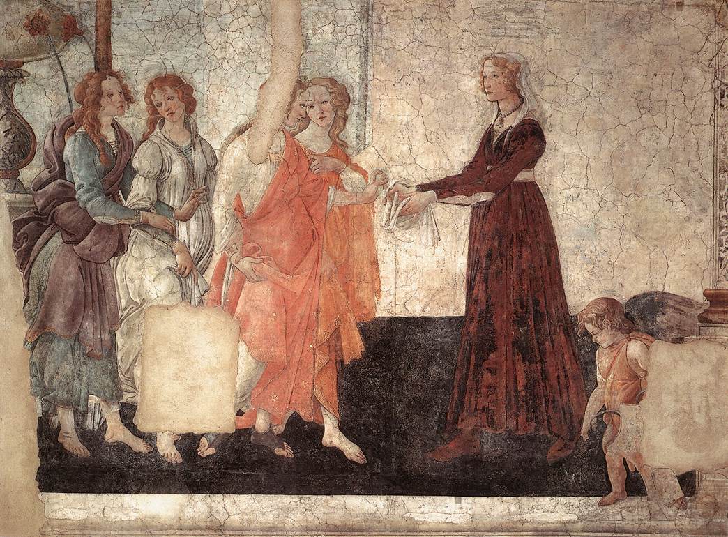 Vénus et les trois merci qui présentent des cadeaux à une jeune femme