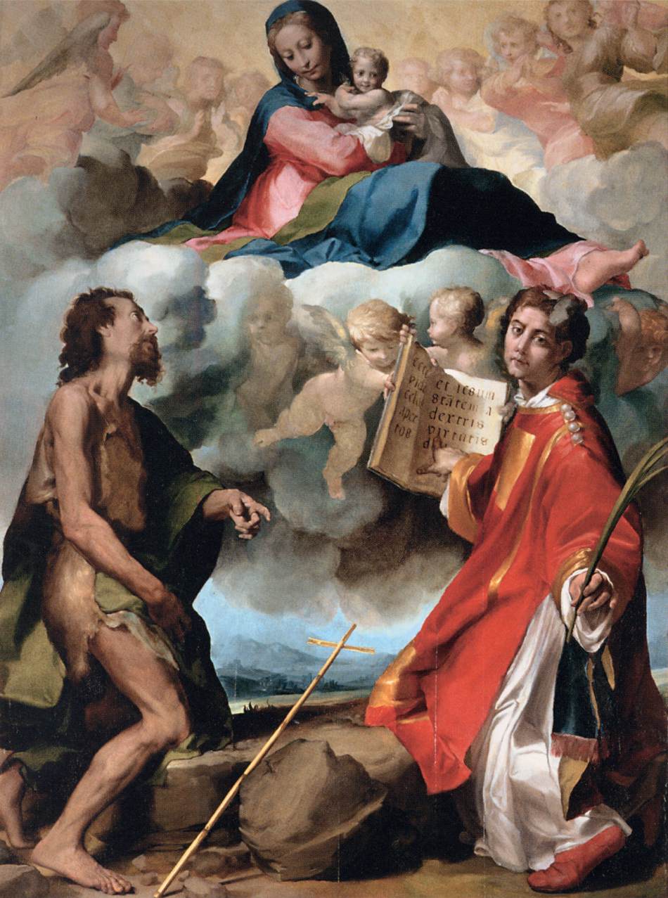 Die Jungfrau in der Goria flankiert von San Juan Bautista und Esteban