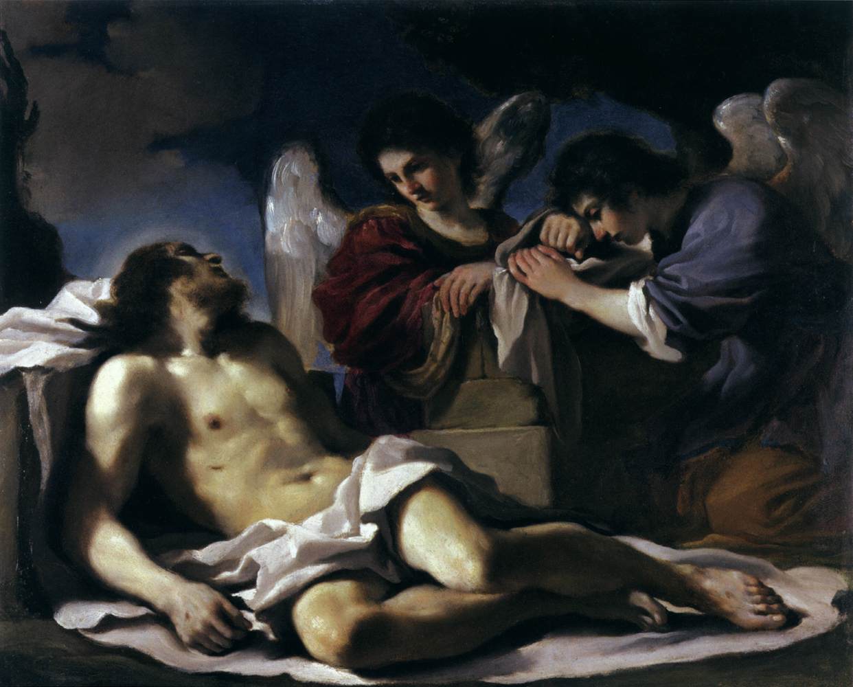 De dode Christus huilde door twee engelen