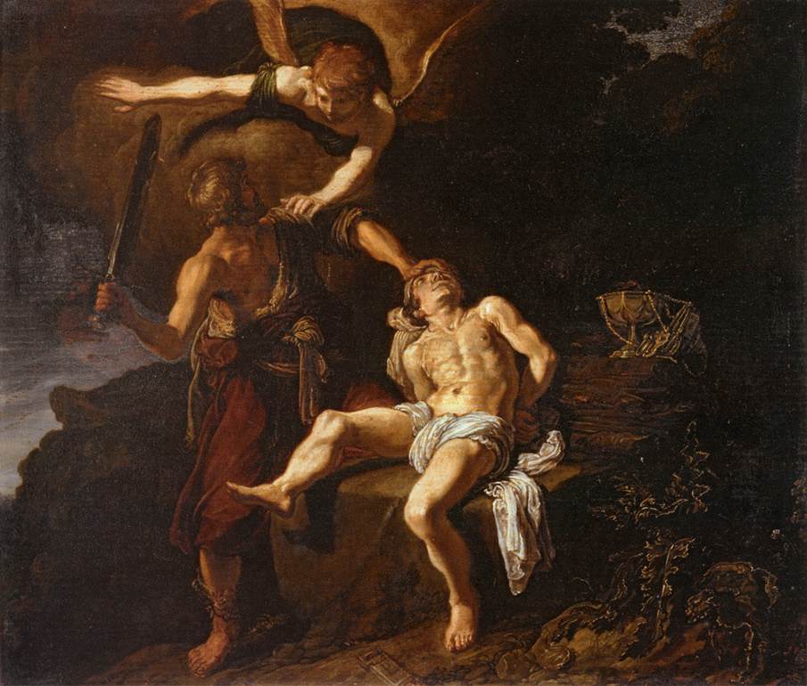 Der Engel des Herrn hindert Abraham daran, seinen Sohn Isaac zu opfern