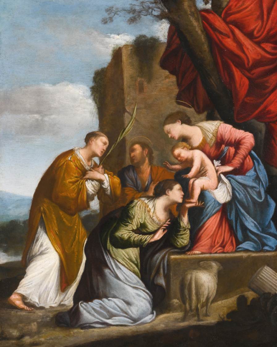 Adorazione del bambino Gesù Cristo, con tre santi