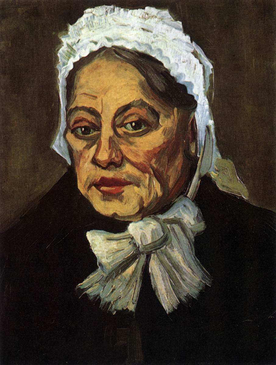 Kopf einer alten Frau mit einer weißen Mütze (der Hebamme)
