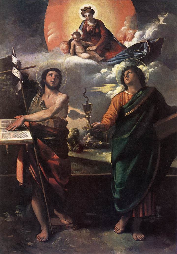 Jomfruen ser ud til Saint Johannes Døber og Johannes Evangelist