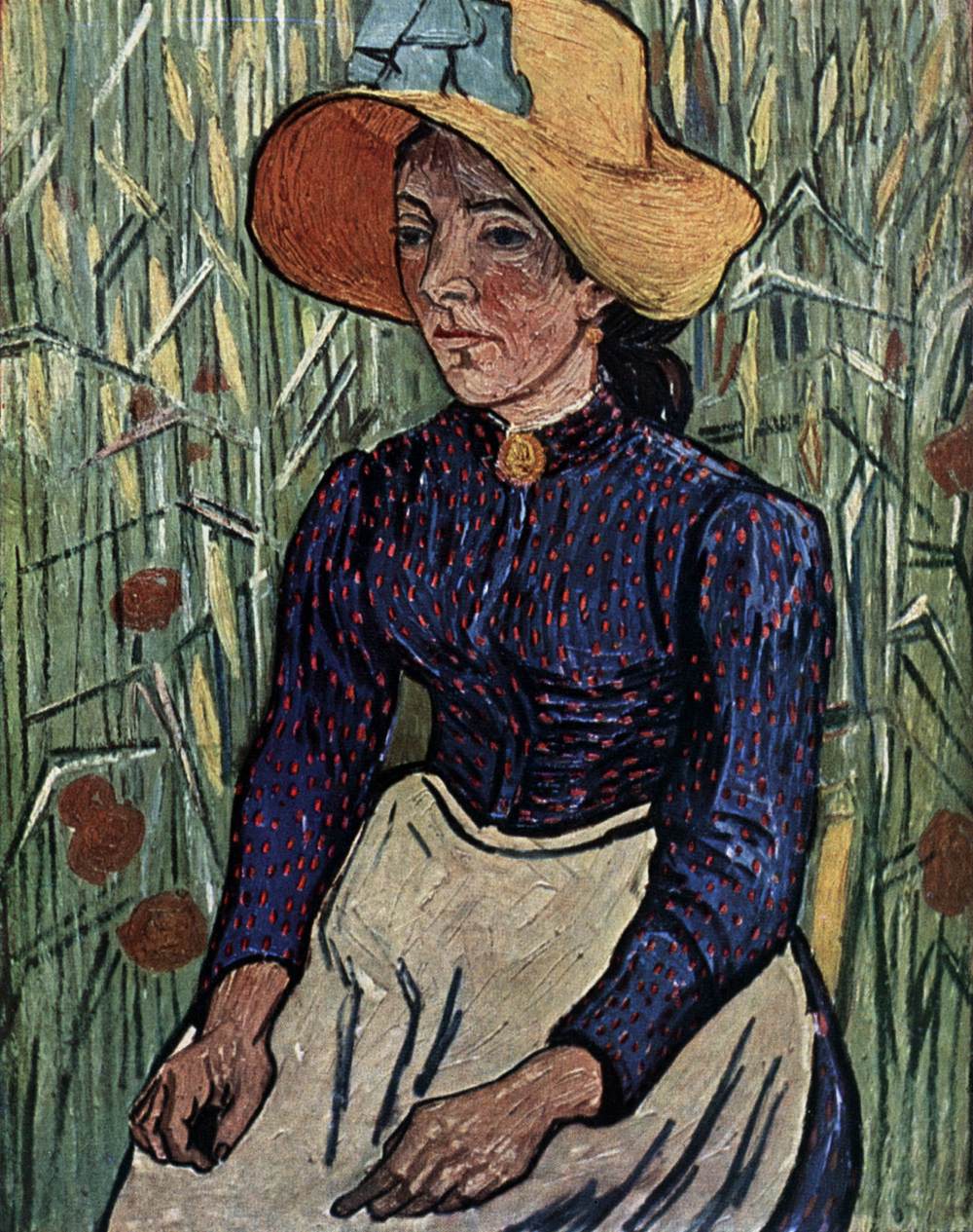 Young Peasant Woman with Straw Hat Sitting in Wheat
