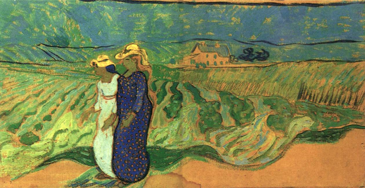Zwei Frauen überqueren die Felder