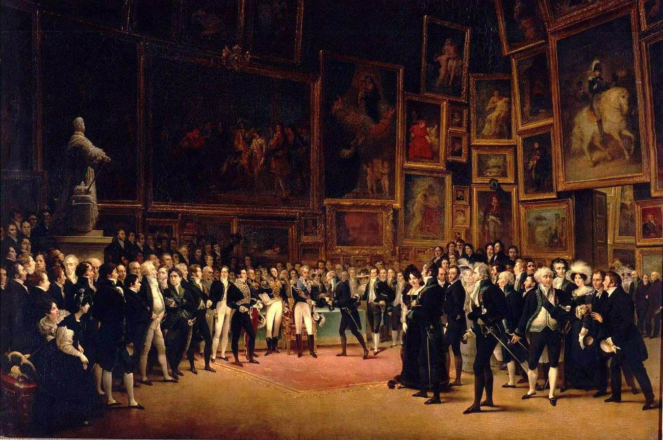 Carlos V, indem sie Auszeichnungen an Künstler am Ende der Halle von 1824 verteilt