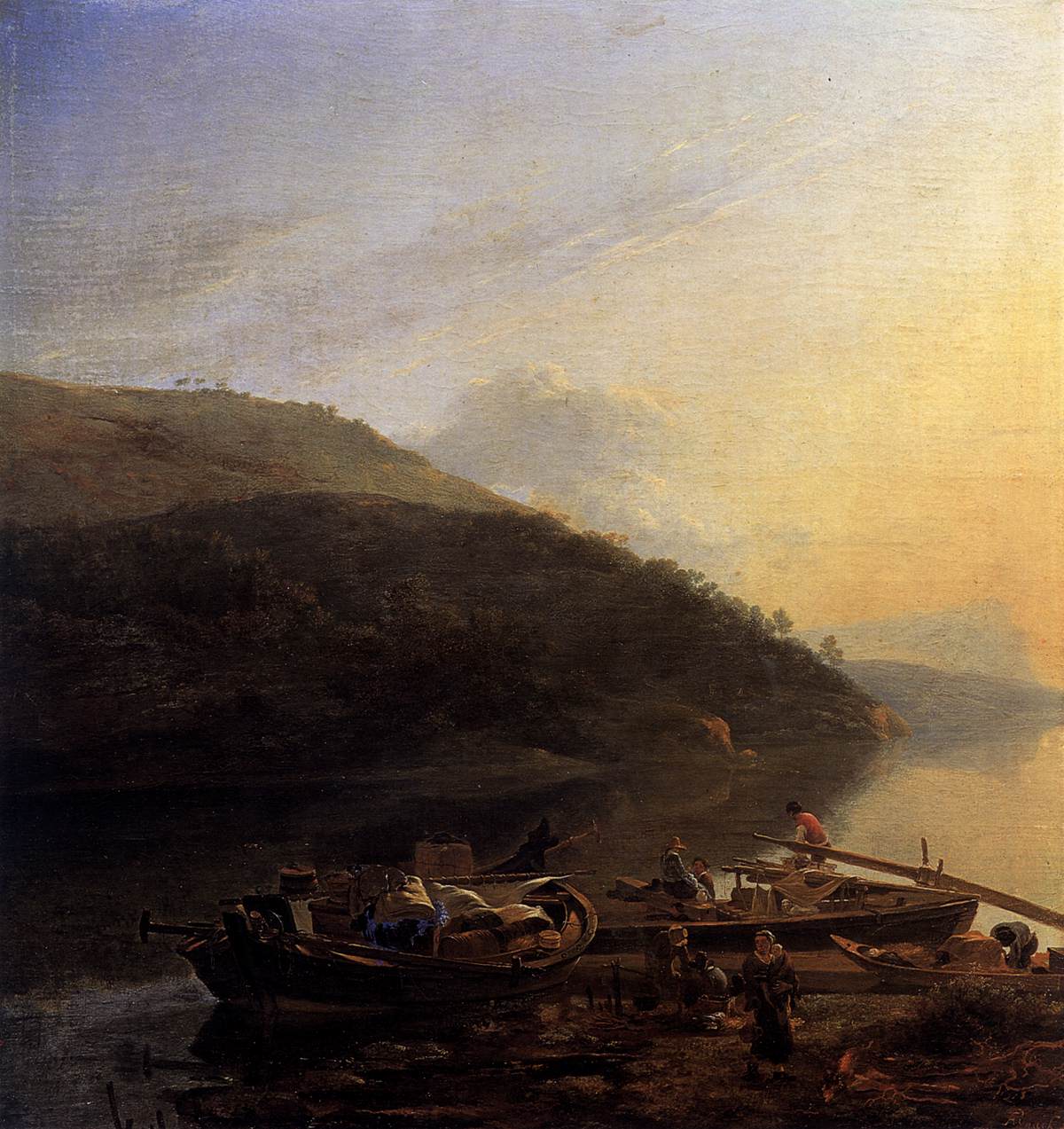 Scène de la rivière avec des barges chargées