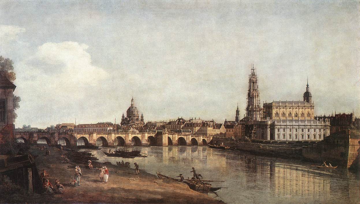Widok Dresde z prawej krawędzi Elby z mostem Augusta