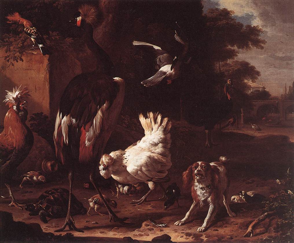 Birds and a Spaniel in a Garden