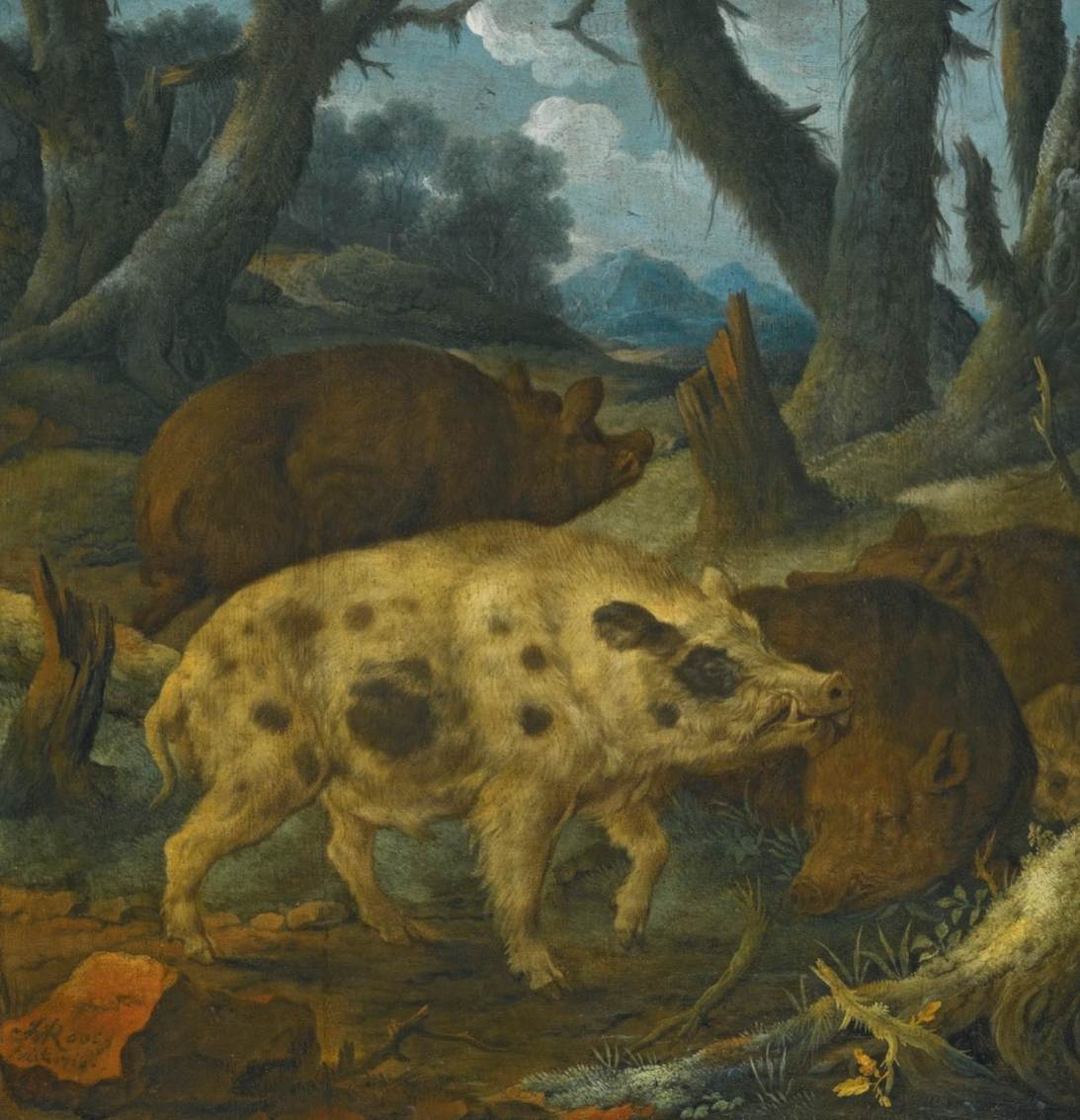 Wild Boars in a Wooded Landscape