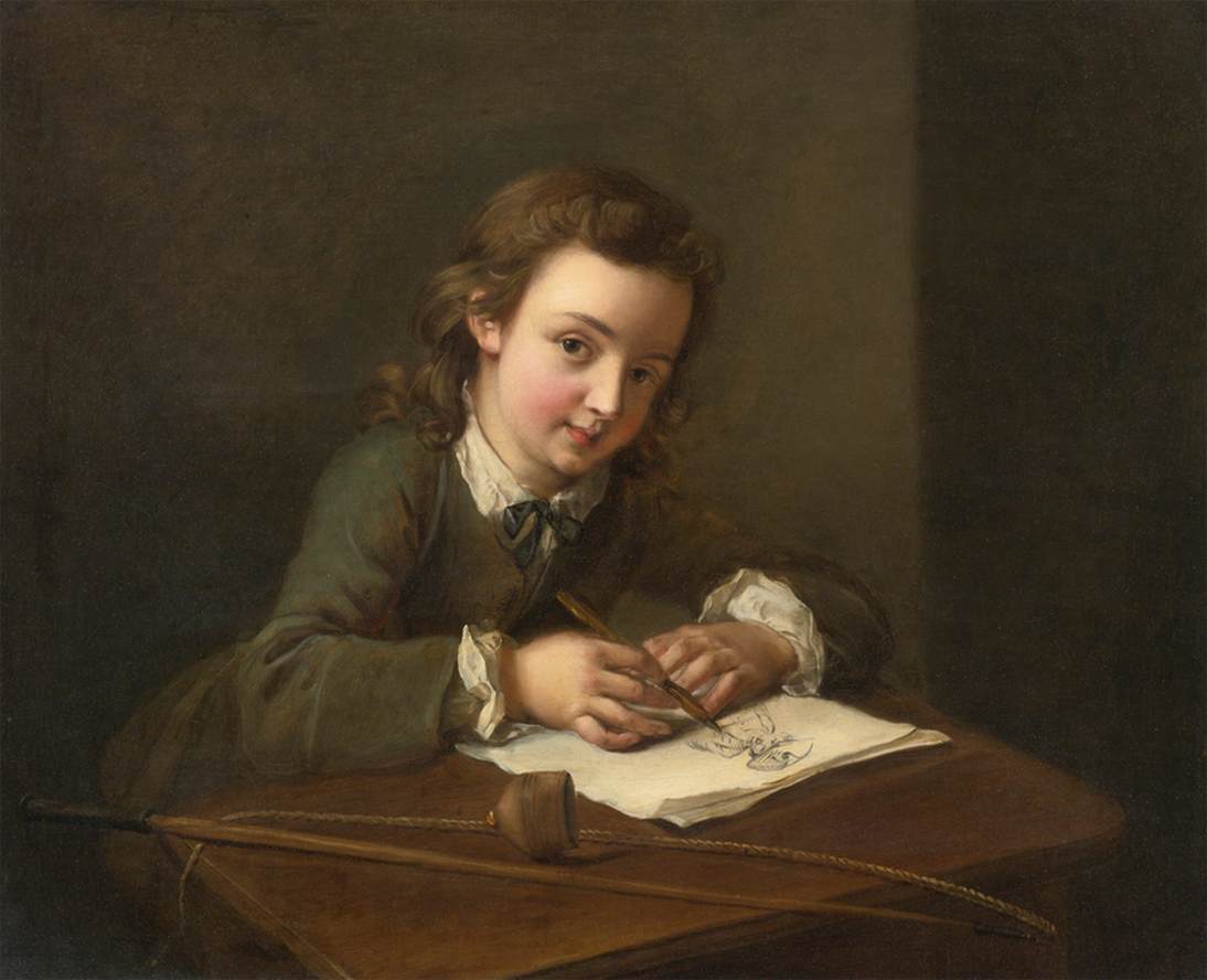 A Boy Drawing at His Desk