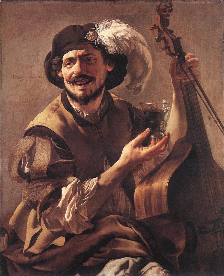 A Laughing Bravo with a Bass Fiddle and a Glass
