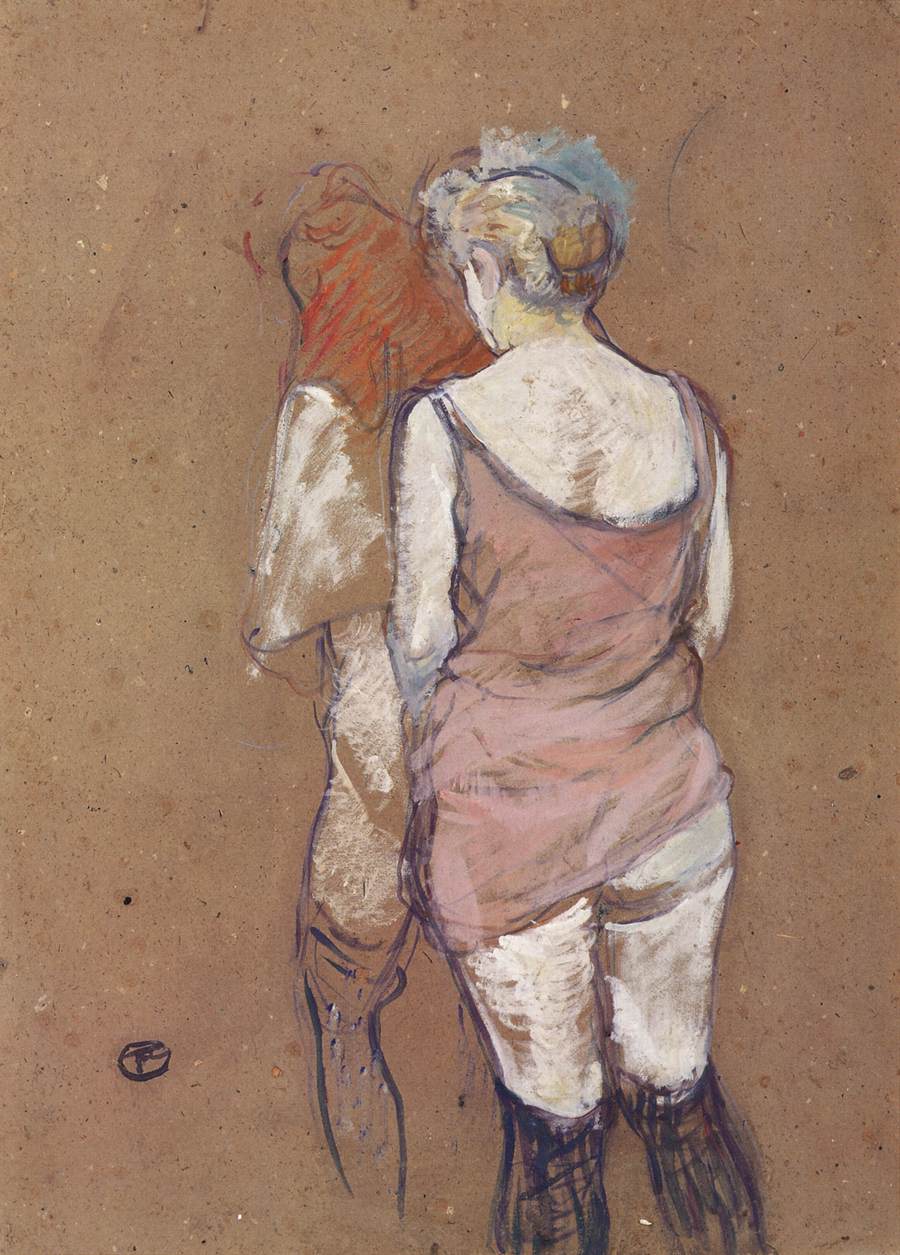 Dwie pół noszone kobiety widziane z tyłu w burdelu Rue des Moulins