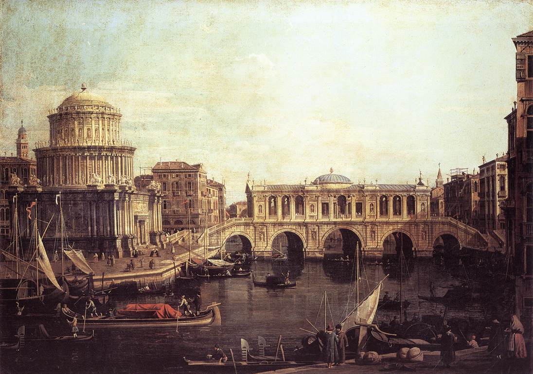 Capricho: Wielki kanał, z wyimaginowanym mostem Rialto i innymi budynkami