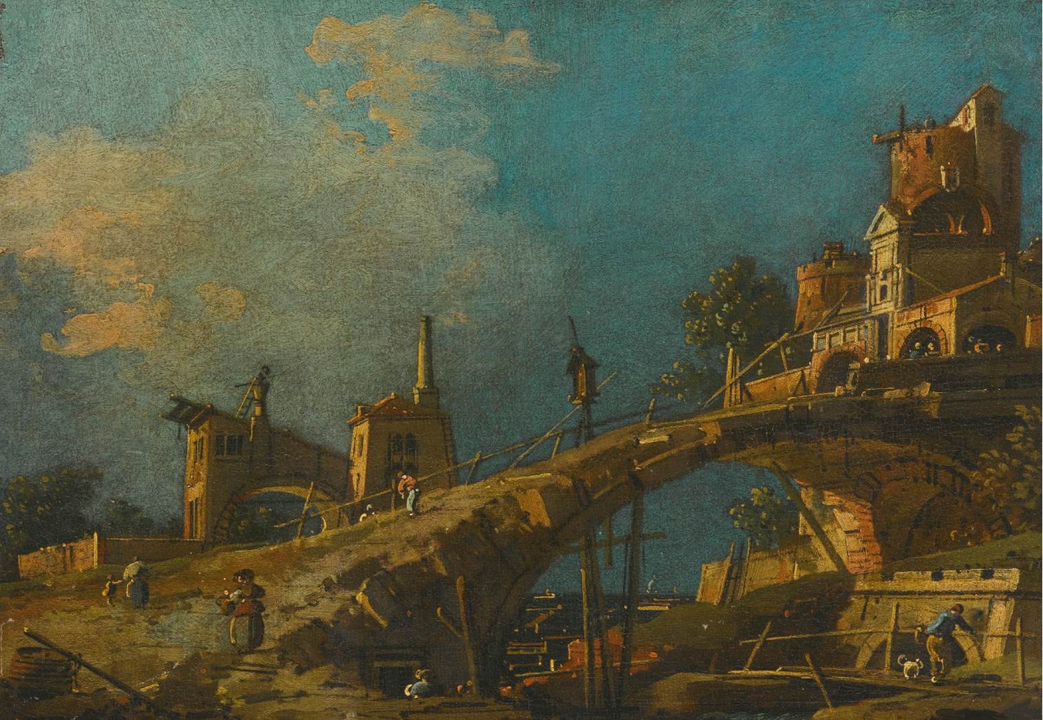 Capricho de uma ponte que leva a uma fortaleza ao lado da lagoa veneziana