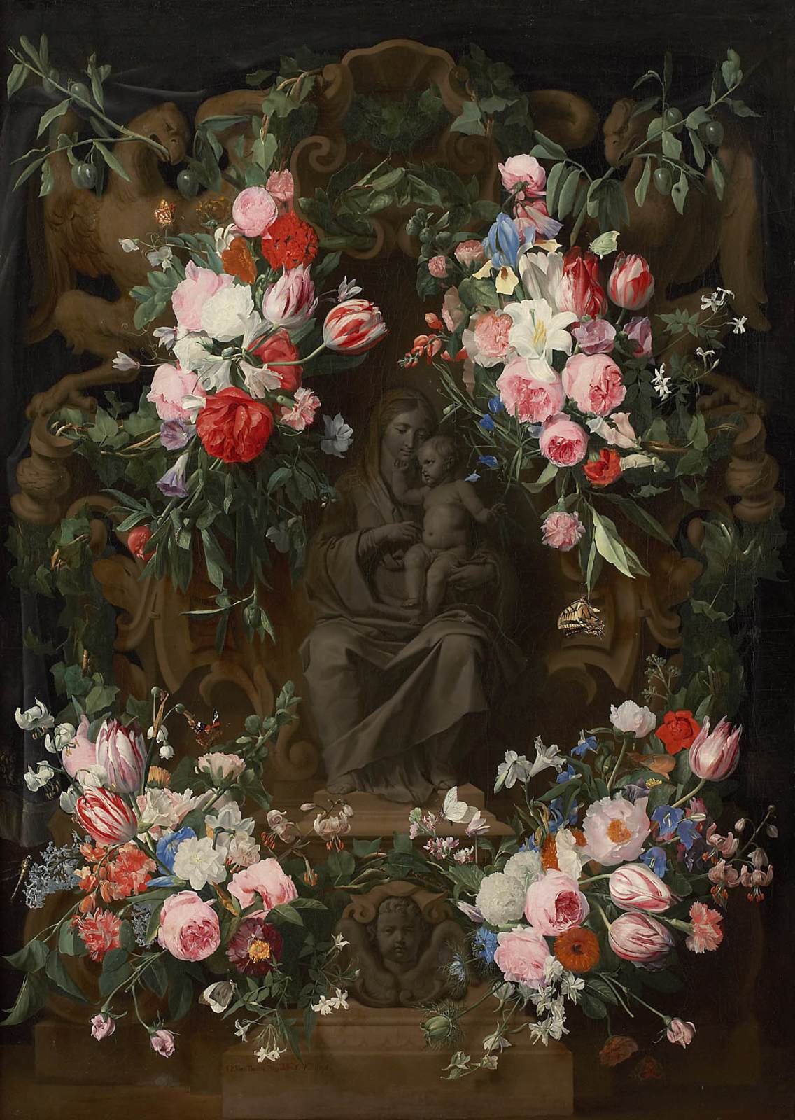 Blumengirlanden, die eine Jungfrau sitzen und sitzen