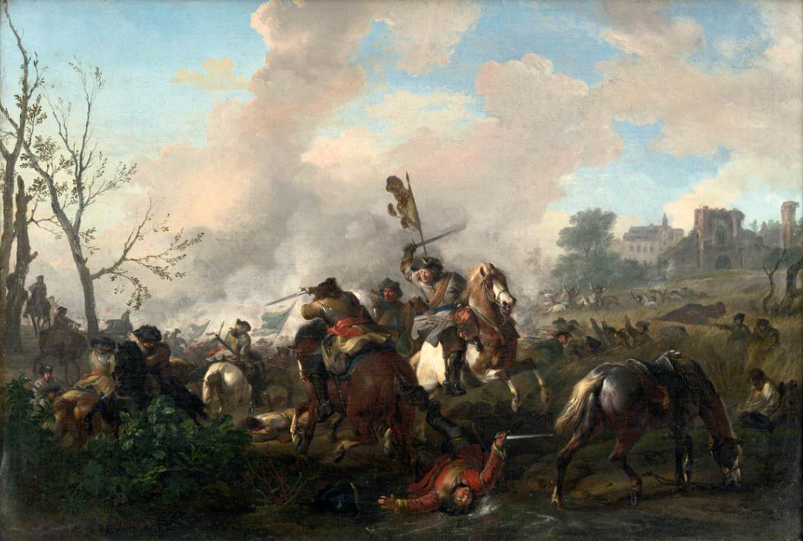 Cavalerie strijd, met een stad daarachter