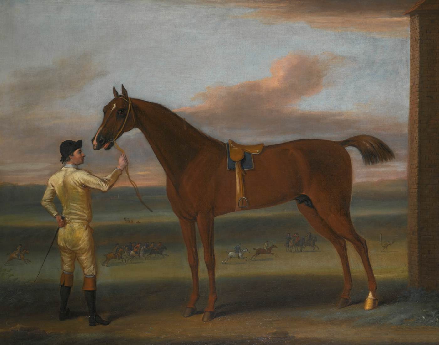 A Dark Chestnut Racehorse Held by a Jockey