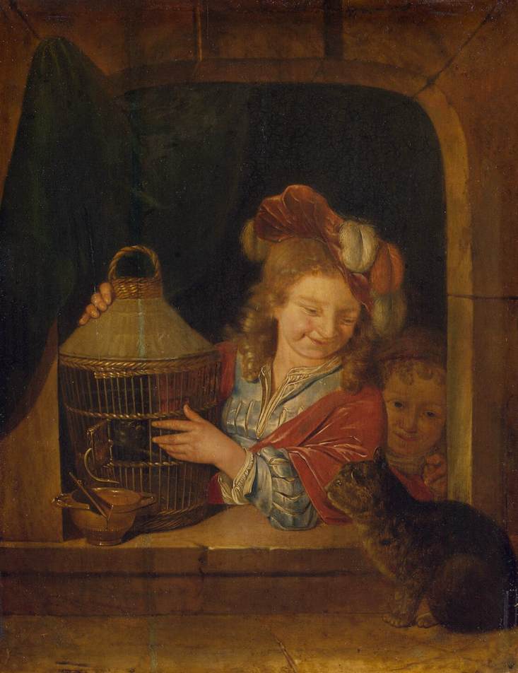 Enfants avec cage et chat