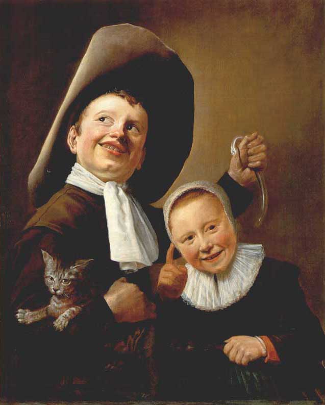 En dreng og en pige med en kat og en ål
