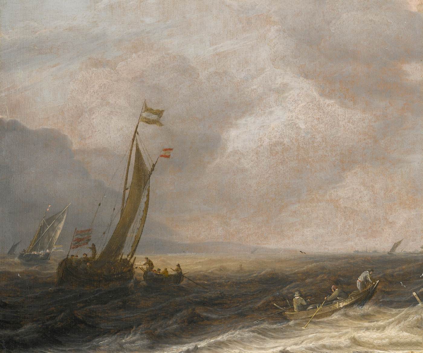 A Kaag in a Choppy Sea, a Rowing Boat in the Foreground