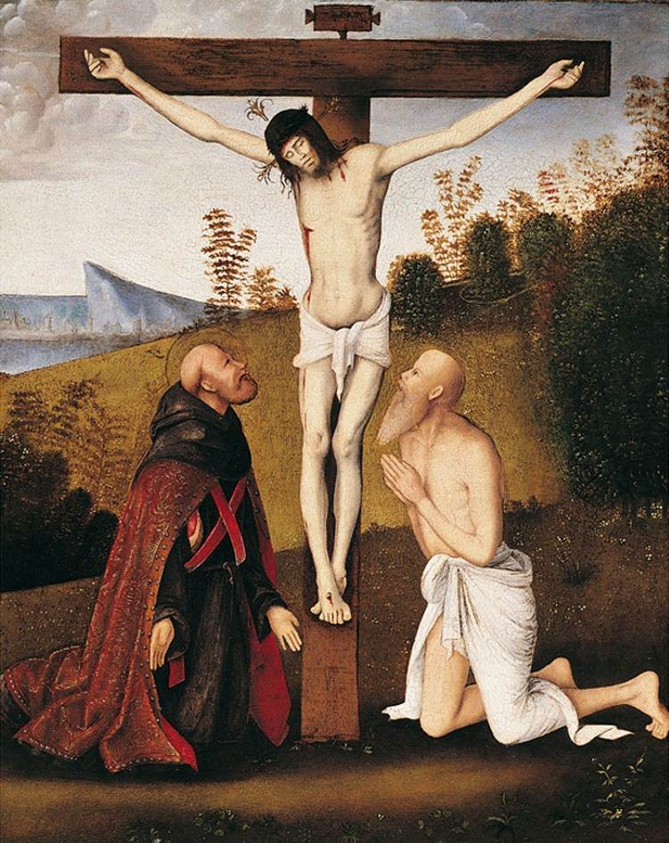Christus am Kreuz mit San Jerónimo und einem Augustiner Heiligen
