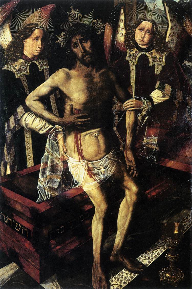 Christus im Grab, das von zwei Engeln unterstützt wird