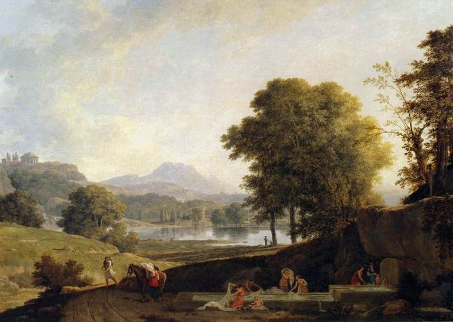 Paysage classique idéal avec blanchisseux autour d'une fontaine