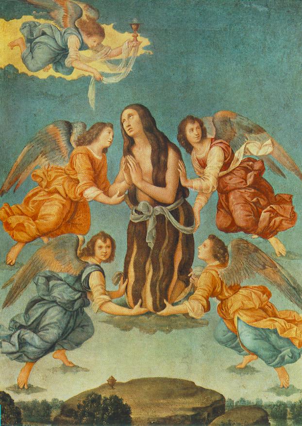 Anioł przynosi świętą komunikę do Marii Magdalena
