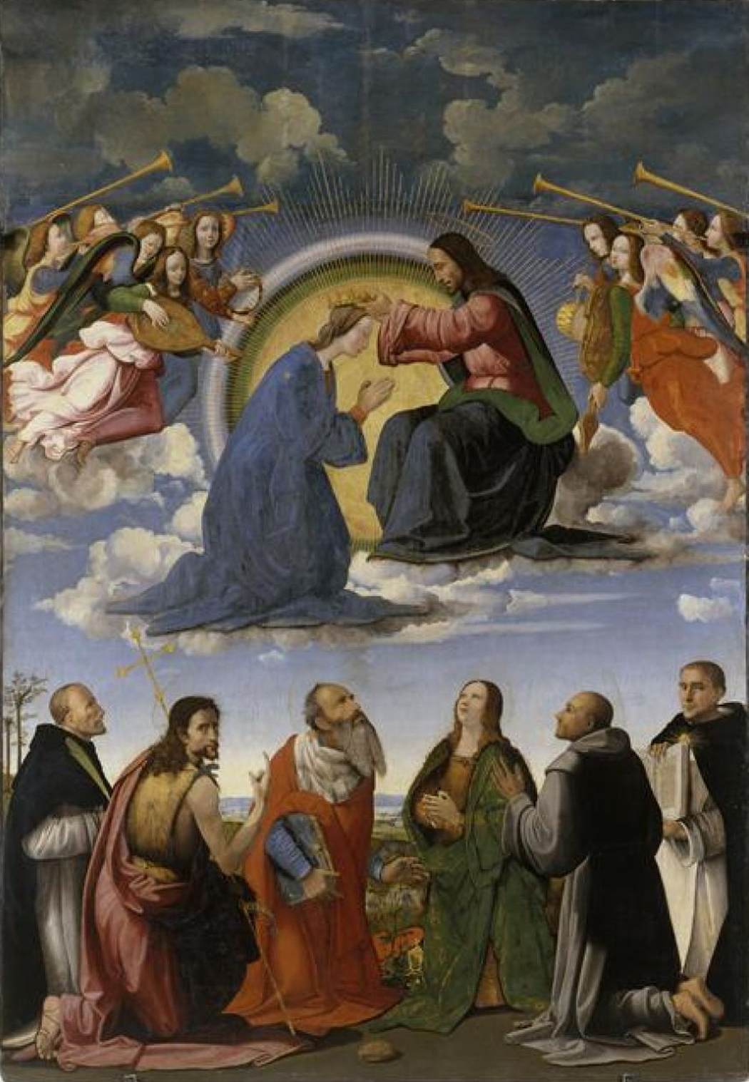 Le couronnement de la vierge avec six saints