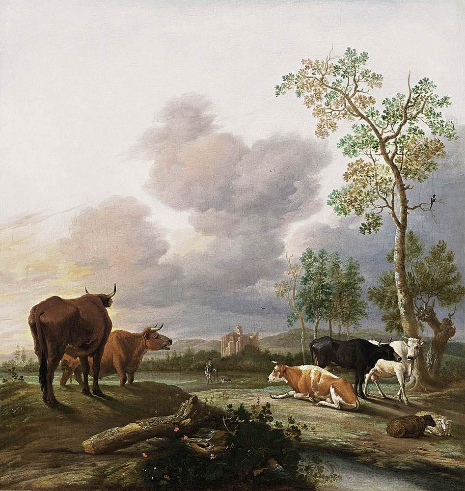 Paysage avec des vaches et des moutons