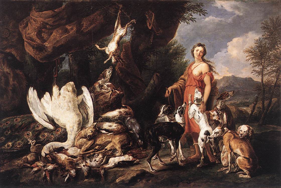 Diana avec ses chiens de chasse à côté pour tuer