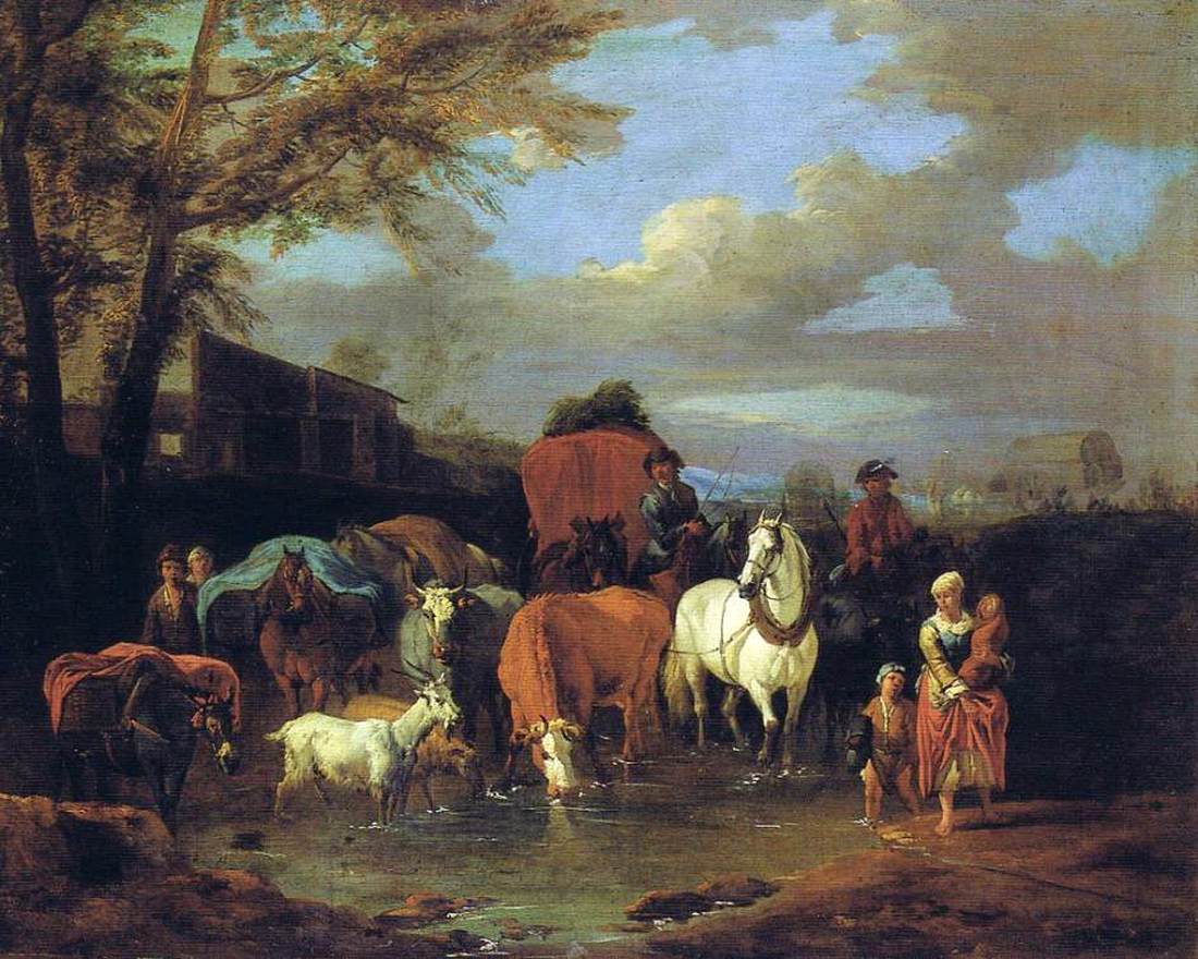 Ranchers with Cattle and Goats Coming in a Stream