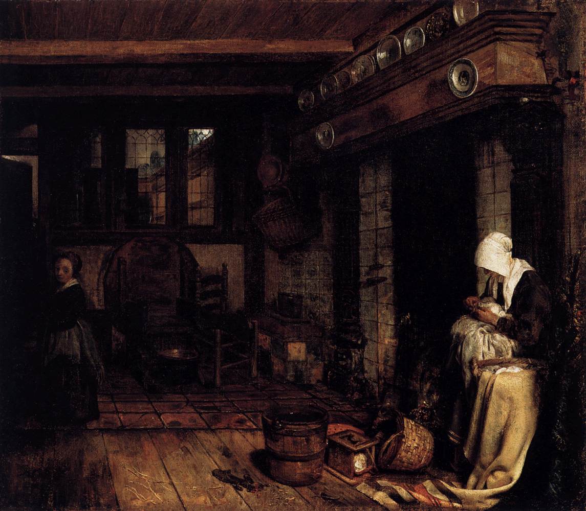 Nederlands interieur met vrouwen naaien