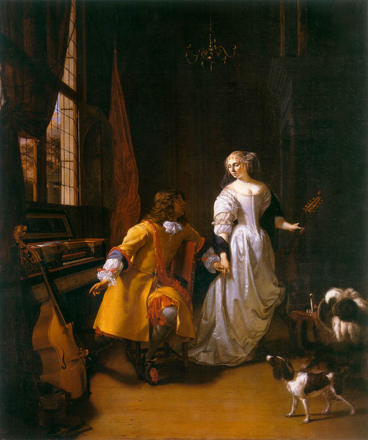 An Elegant Couple with Musical Instruments in an Interior