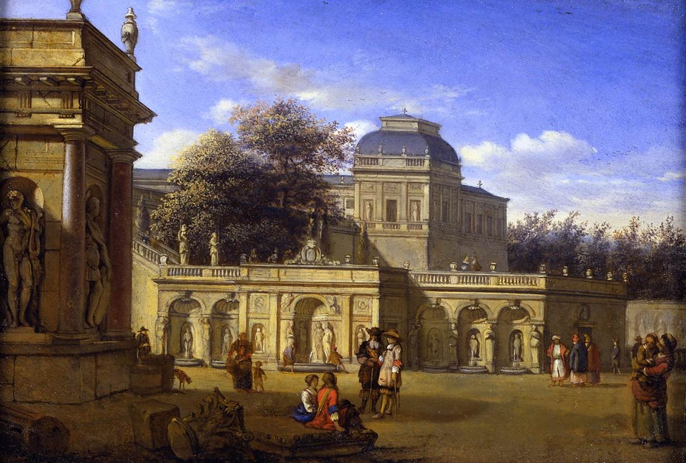 Elegant Figures on the Grounds of a Baroque Palace