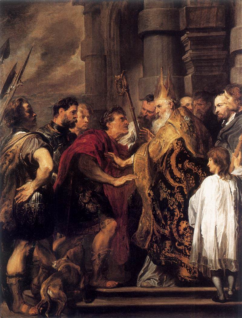 L'empereur Theodosius interdit par San Ambrosio pour entrer dans la cathédrale de Milan