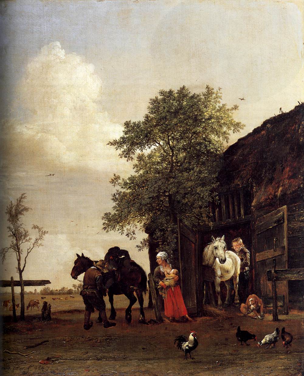 Figures with Horses Next to Stable