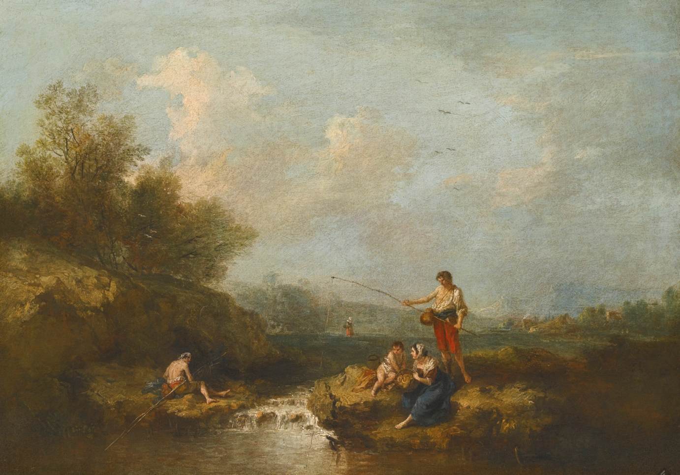 Pescadores e outras figuras ao lado de um riacho